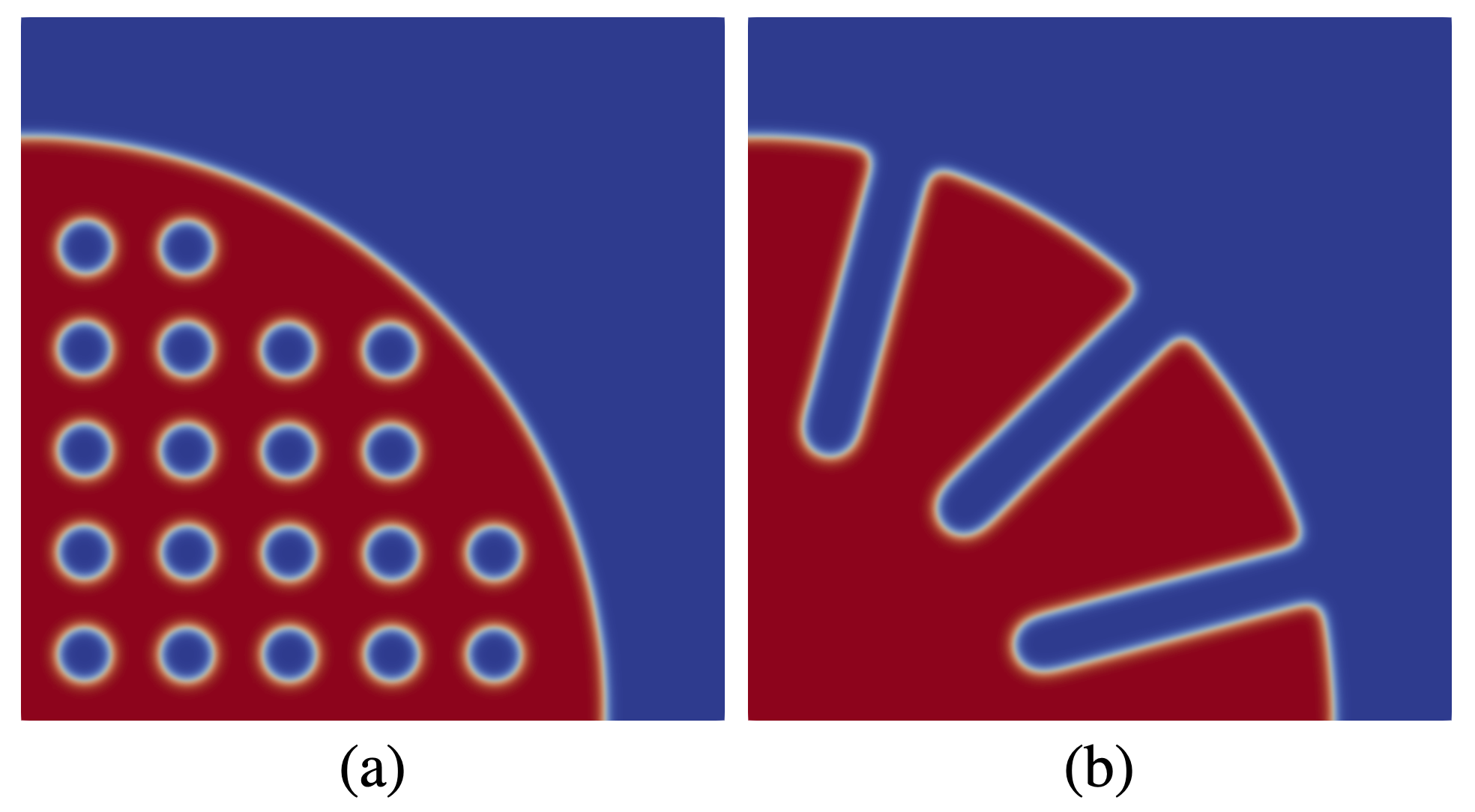 Smooth pore microstructures obtained with the simulation described above. This corresponds Fig. 5 in [!cite](Simon2022).