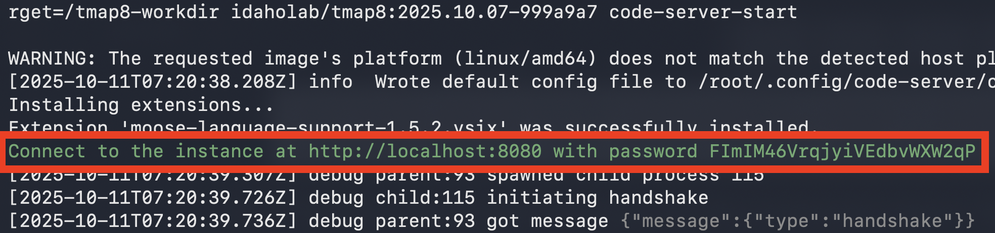 Example of terminal output after starting the TMAP8 docker container with a sample web server password highlighted.