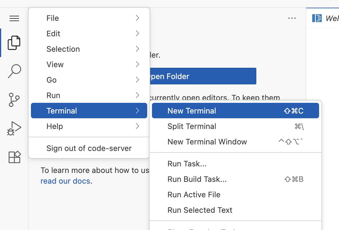 Example of using the web browser interface to open the local container terminal.